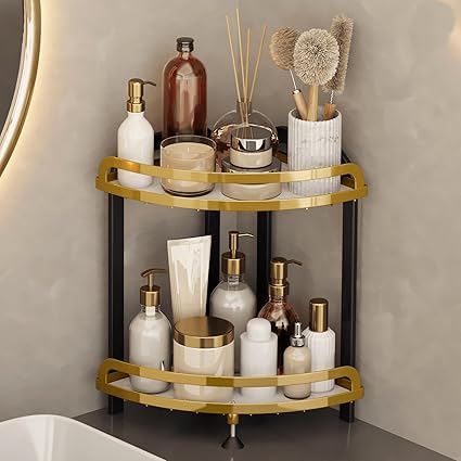 Corner Bathroom Counter Organizer, Black Gold Bathroom Organizer Countertop, 2 Tier Corner Shelf Counter Bathroom Sink Organizer, Corner Bathroom Vanity Storage Perfume Tray Skincare Organizer
