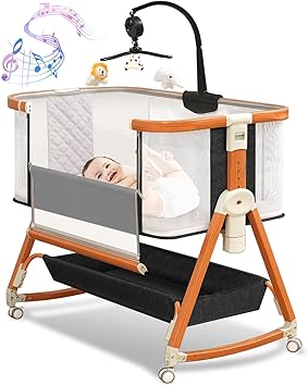 3 in 1 Bassinet, Baby Bassinets Bedside Sleeper with Musical Toy, Adjustable Height Bedside Bassinet for Baby with Wheels and Storage Basket, 4-Sided Mesh Bedside Crib for Newborn 0-6 Months (Black)