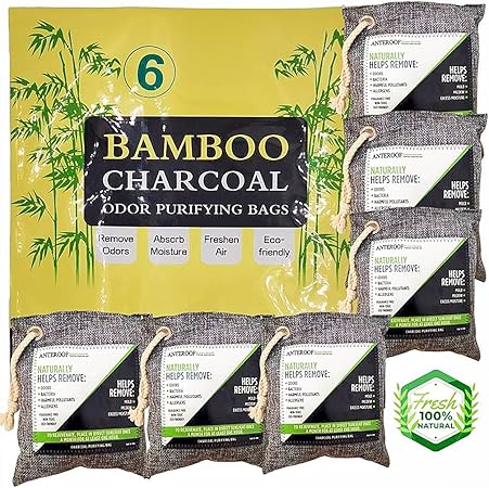 6-Pack Bamboo Activated Charcoal Odor Absorber, Bamboo Charcoal Air Purifying Bag, Activated Charcoal Odor Absorber for Closet, Pets, Shoe, Car, Basement Musty Odor Eliminator Deodorizer(6x200g each)