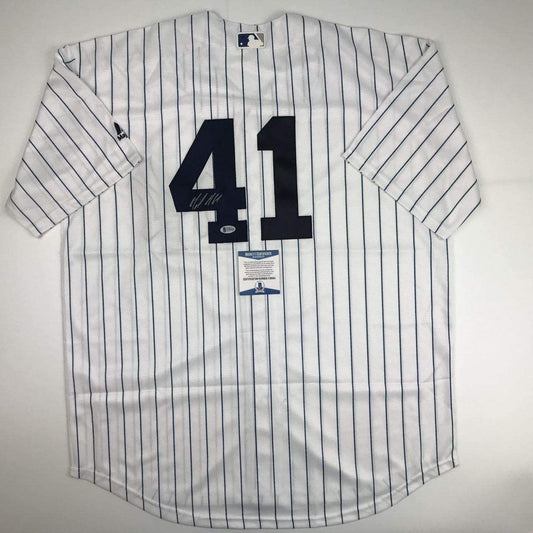 Autographed/Signed Miguel Andujar New York Pinstripe Majestic Baseball Jersey Beckett BAS COA