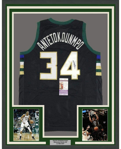 Framed Autographed/Signed Giannis Antetokounmpo 35x39 Milwaukee Black Basketball Jersey JSA COA