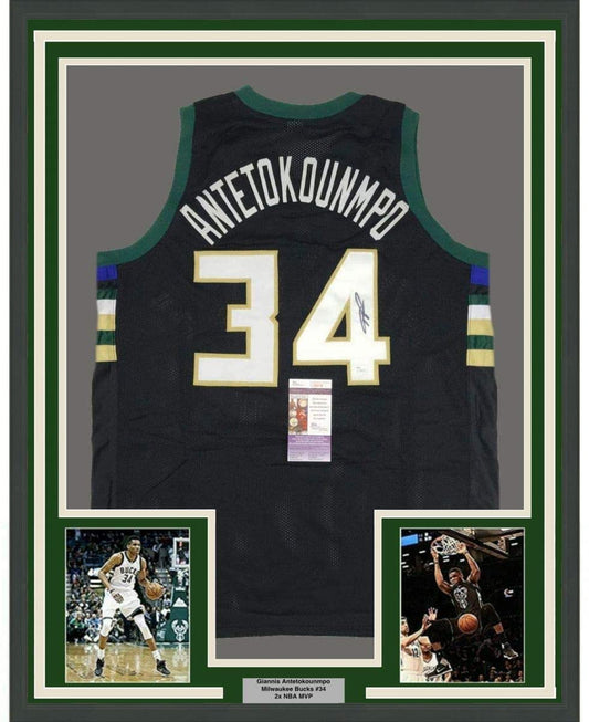 Framed Autographed/Signed Giannis Antetokounmpo 35x39 Milwaukee Black Basketball Jersey JSA COA