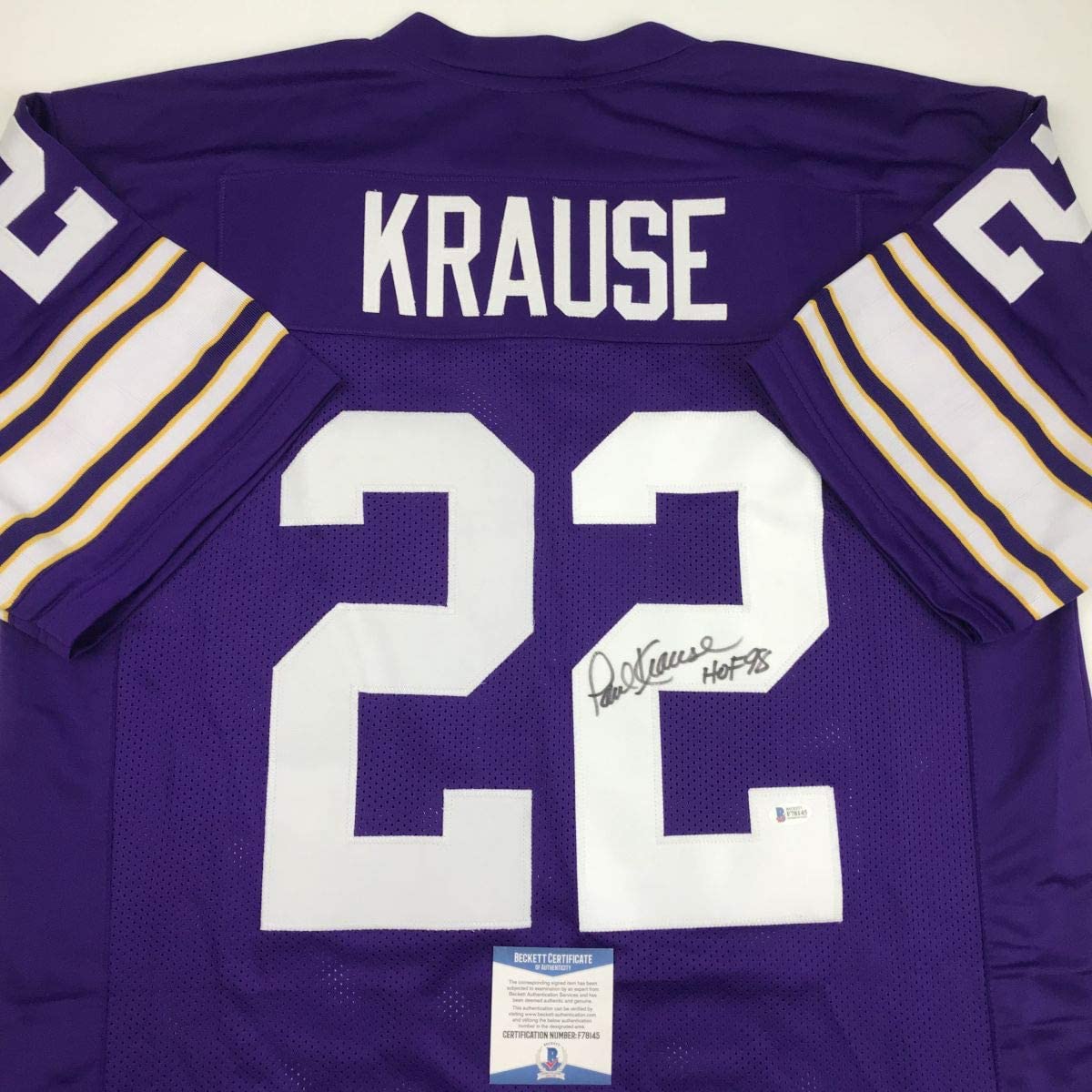 Autographed/Signed Paul Krause HOF 98 Minnesota Purple Football Jersey Beckett BAS COA