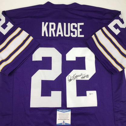 Autographed/Signed Paul Krause HOF 98 Minnesota Purple Football Jersey Beckett BAS COA