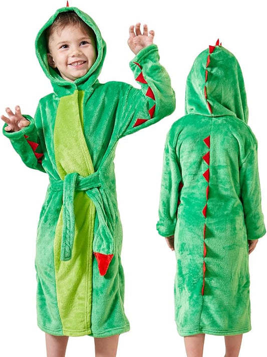 LOLANTA Kids Robe Boys Girls Dinosaur Plush Fleece Hooded Bathrobe with Belt Animal Soft Sleepwear