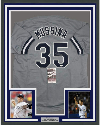 Framed Autographed/Signed Mike Mussina 35x39 New York Grey Baseball Jersey JSA COA