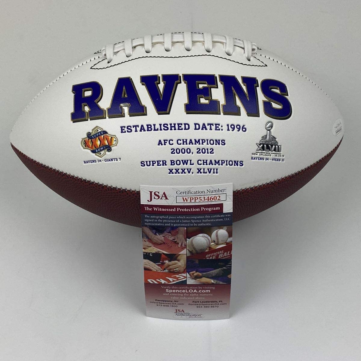 Autographed/Signed Lamar Jackson Baltimore Ravens Full Size FS White Panel Logo Football JSA COA