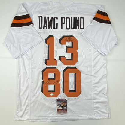 Autographed/Signed Odell Beckham Jr. & Jarvis Landry Cleveland White Football Jersey JSA COA