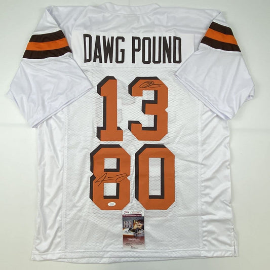 Autographed/Signed Odell Beckham Jr. & Jarvis Landry Cleveland White Football Jersey JSA COA