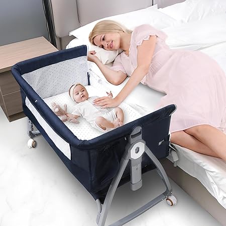 Baby Bedside Bassinet, Baby Bassinet for Newborn, Bedside Crib Sleeper with Storage Basket and 4 Auto-Lock Wheels, Adjustable Height Bassinet Bedside Sleeper for Baby (Navy Blue)