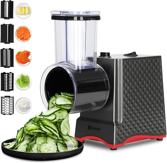 2024 Upgraded Electric Cheese Grater, 250W Electric Cheese Shredder for Carrot, Vegetable, Potato.Electric Salad Shooter with 5 Blades, Enlarged Inlet and Dispenser, Great for Kitchen