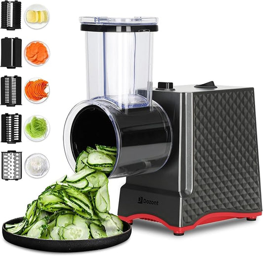 2024 Upgraded Electric Cheese Grater, 250W Electric Cheese Shredder for Carrot, Vegetable, Potato.Electric Salad Shooter with 5 Blades, Enlarged Inlet and Dispenser, Great for Kitchen