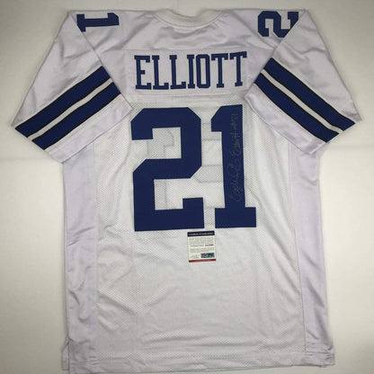 Autographed/Signed Ezekiel Elliott Dallas White Football Jersey PSA/DNA COA