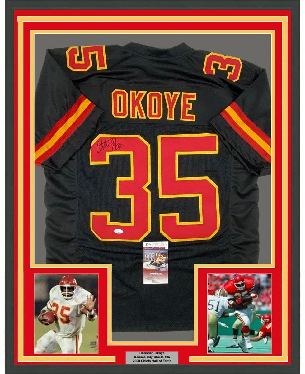 Framed Autographed/Signed Christian Okoye 35x39 Kansas City Black Football Jersey JSA COA
