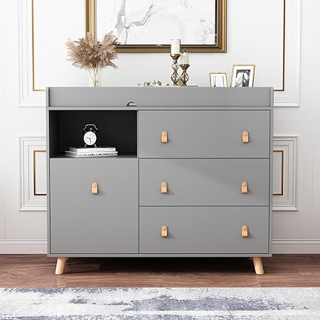Baby Dresser Changing Table with Drawers, Shelf, Hidden Laundry Basket Storage, 2 in 1 Nursery Dresser Chest for Infants, Baby Diaper Changing Station for Daycare, Bedroom, Grey