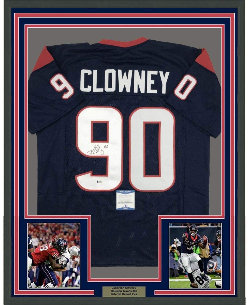 Framed Autographed/Signed Jadaveon Clowney 35x39 Houston Blue Football Jersey Beckett BAS COA