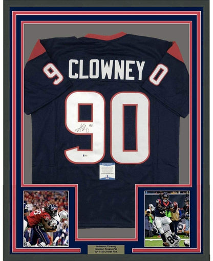 Framed Autographed/Signed Jadaveon Clowney 35x39 Houston Blue Football Jersey Beckett BAS COA - Triathlete Store
