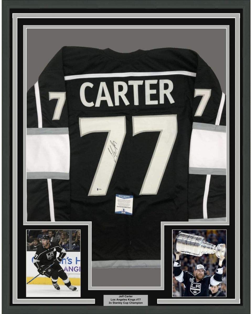 Framed Autographed/Signed Jeff Carter 35x39 Los Angeles LA Black Hockey Jersey Beckett BAS COA