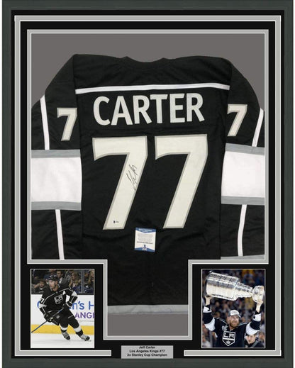 Framed Autographed/Signed Jeff Carter 35x39 Los Angeles LA Black Hockey Jersey Beckett BAS COA