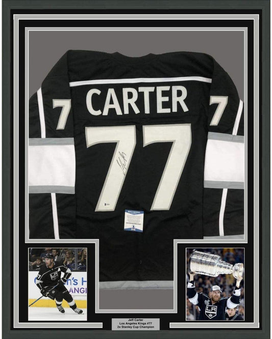 Framed Autographed/Signed Jeff Carter 35x39 Los Angeles LA Black Hockey Jersey Beckett BAS COA