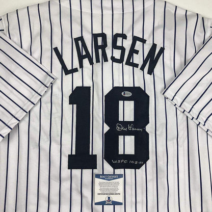 Autographed/Signed Don Larsen WS PG 10-8-56 New York Pinstripe Baseball Jersey Beckett BAS COA