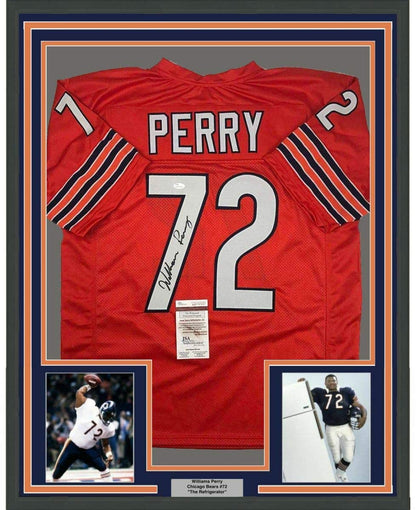 Framed Autographed/Signed William Perry The Refrigerator 35x39 Chicago Orange Football Jersey JSA COA