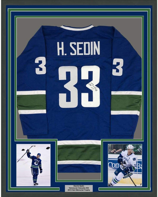 Framed Autographed/Signed Henrik Sedin 35x39 Vancouver Blue Hockey Jersey JSA COA Holo Only