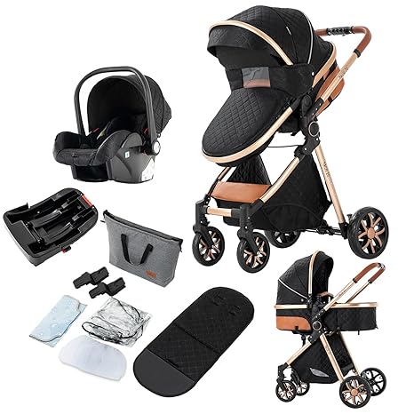 3 in 1 Baby Travel System, Reversible Baby Stroller, Pushchair Luxury Baby High Landscape Pram, Portable Standard Pram Buggy, Foldable Baby Carriage for Newborn Toddler (UDV9-BLACKGOLD with Base)