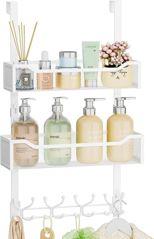 SWTYMIKI Heavy Duty Over The Door Organizer with 16 Hooks & 2 Mesh Baskets - Behind The Door Storage Hanger for Towels, Coats, Clothes - Space Saving Hanging Rack for Bathroom, Living Room, White