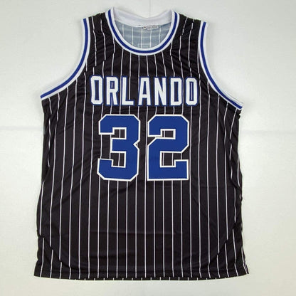 Autographed/Signed Shaquille Shaq O'Neal Orlando Black Pinstripe Basketball Jersey JSA COA