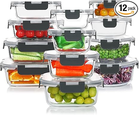 24 Pieces Glass Food Storage Containers Set, Glass Meal Prep Containers-Stackable Airtight Glass Storage Containers with lids, Freezer, Microwave, Oven Safe, Gray