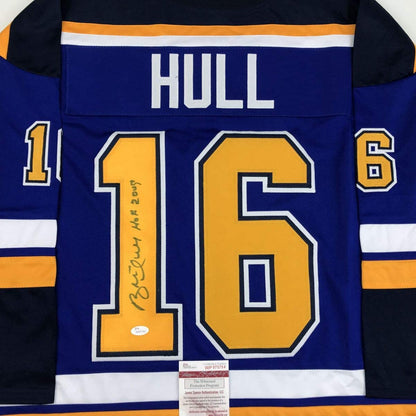 Autographed/Signed Brett Hull HOF 2009 St. Louis Blue Hockey Jersey JSA COA
