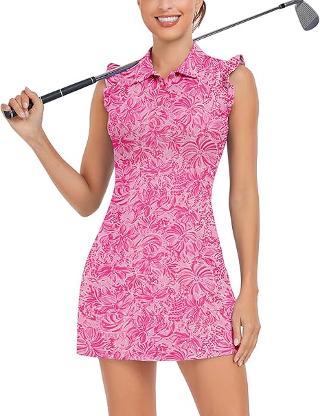 WOWENY Tennis Dress Polo Buttons Golf Dresses with Built in Shorts and Pockets Ruffle Sleeveless Athletic Workout Dress