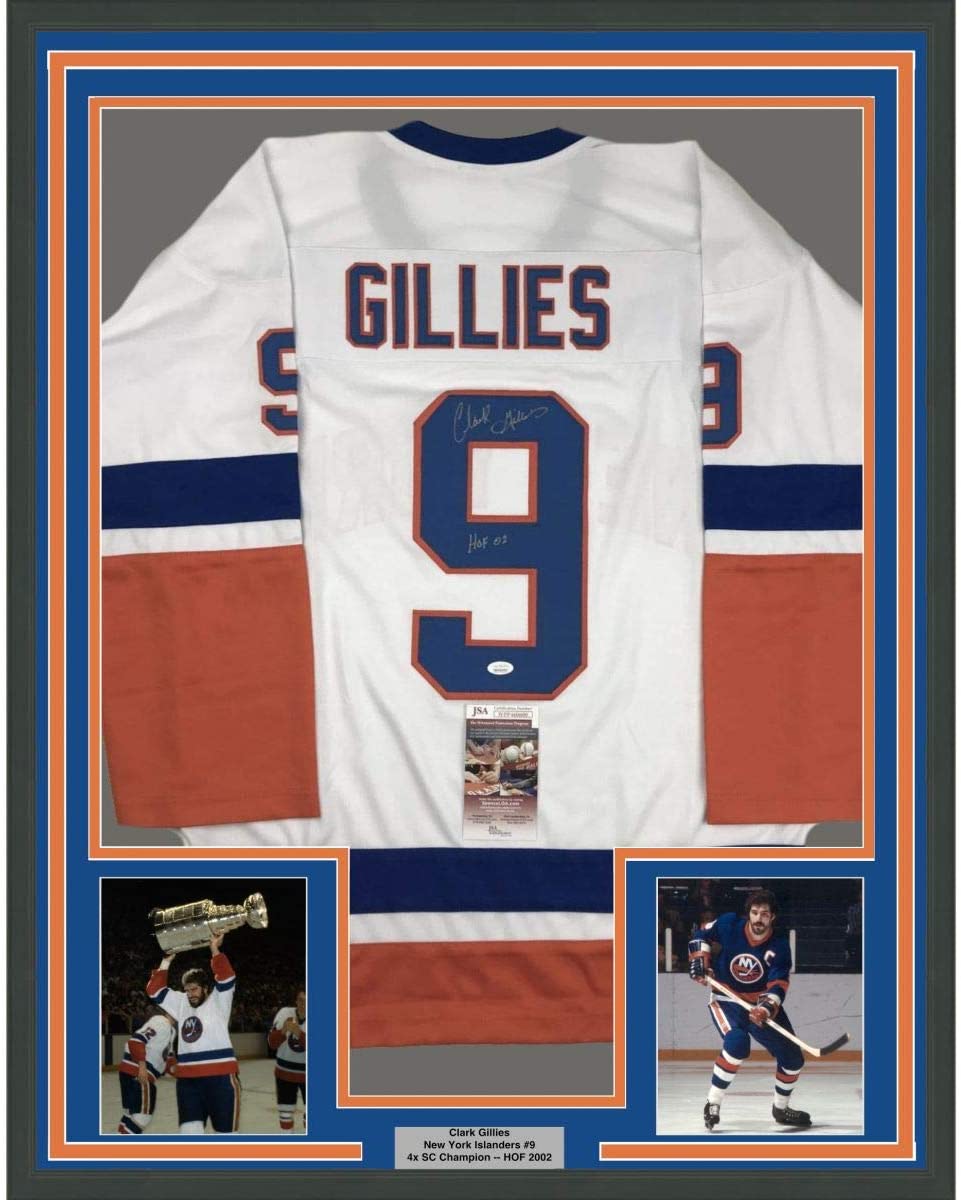Framed Autographed/Signed Clark Gillies HOF 02 35x39 New York White Hockey Jersey JSA COA