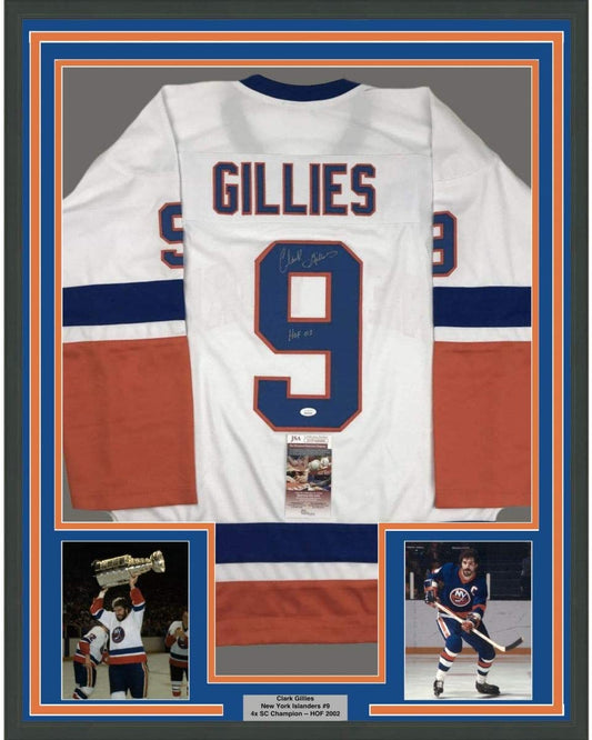 Framed Autographed/Signed Clark Gillies HOF 02 35x39 New York White Hockey Jersey JSA COA