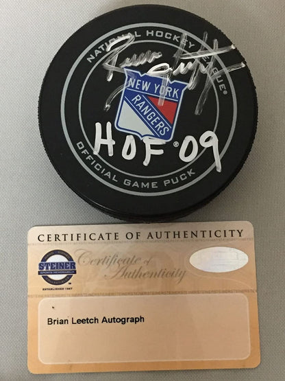Autographed/Signed Brian Leetch HOF 09  New York Rangers Official Game Hockey Puck Steiner Sports COA