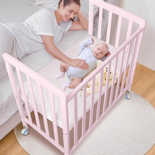 Baby Bassinets Bedside Sleeper - Pine Wood Bassinet Bedside Sleeper, 6 Heights Bedside Bassinet for Baby, Co Sleeper for Baby in Bed with Mattress, Baby Bedside Bassinet Crib, Pink