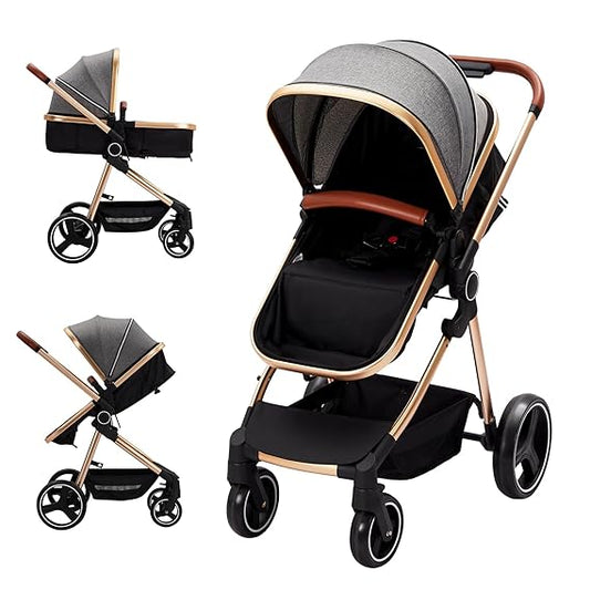 Convertible Baby Stroller, High Landscape Foldable Stroller for Toddlers, 3 in 1 Reversible Newborn Pushchair with Adjustable Backrest and Canopy, Windproof Foot Cover, 5-Point Harness, Grey