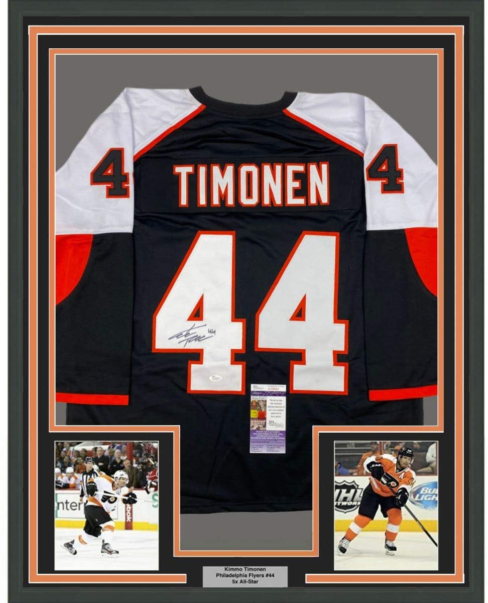 Framed Autographed/Signed Kimmo Timonen 35x39 Philadelphia Black Hockey Jersey JSA COA