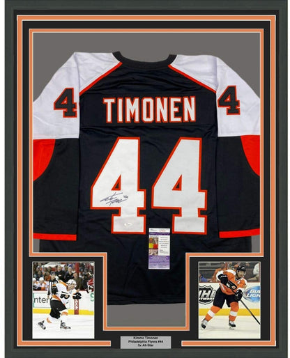 Framed Autographed/Signed Kimmo Timonen 35x39 Philadelphia Black Hockey Jersey JSA COA