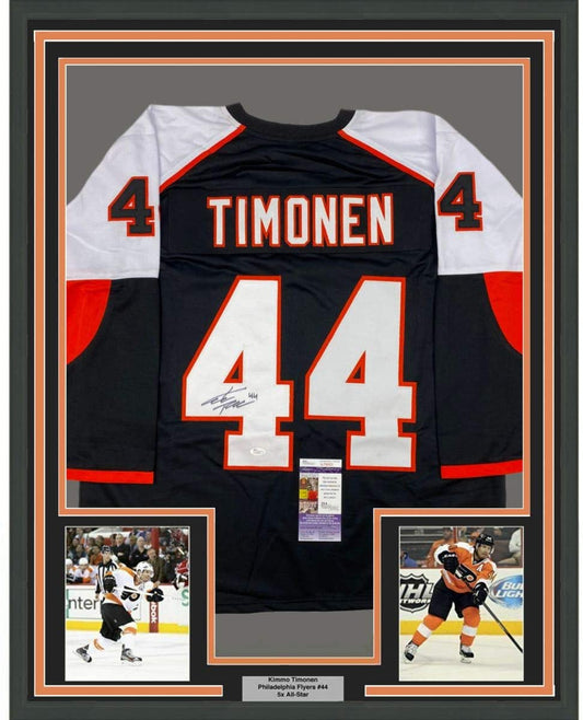 Framed Autographed/Signed Kimmo Timonen 35x39 Philadelphia Black Hockey Jersey JSA COA