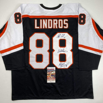 Autographed/Signed Legion of Doom Eric Lindros, John LeClair & Mikail Renberg Philadelphia Black Hockey Jersey JSA COA