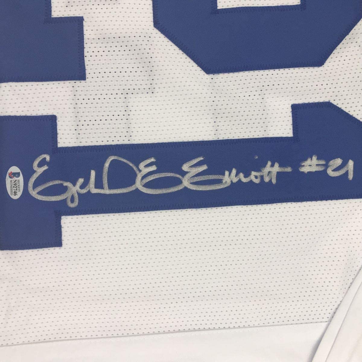 Autographed/Signed Ezekiel Elliott Dallas White Football Jersey Beckett BAS COA