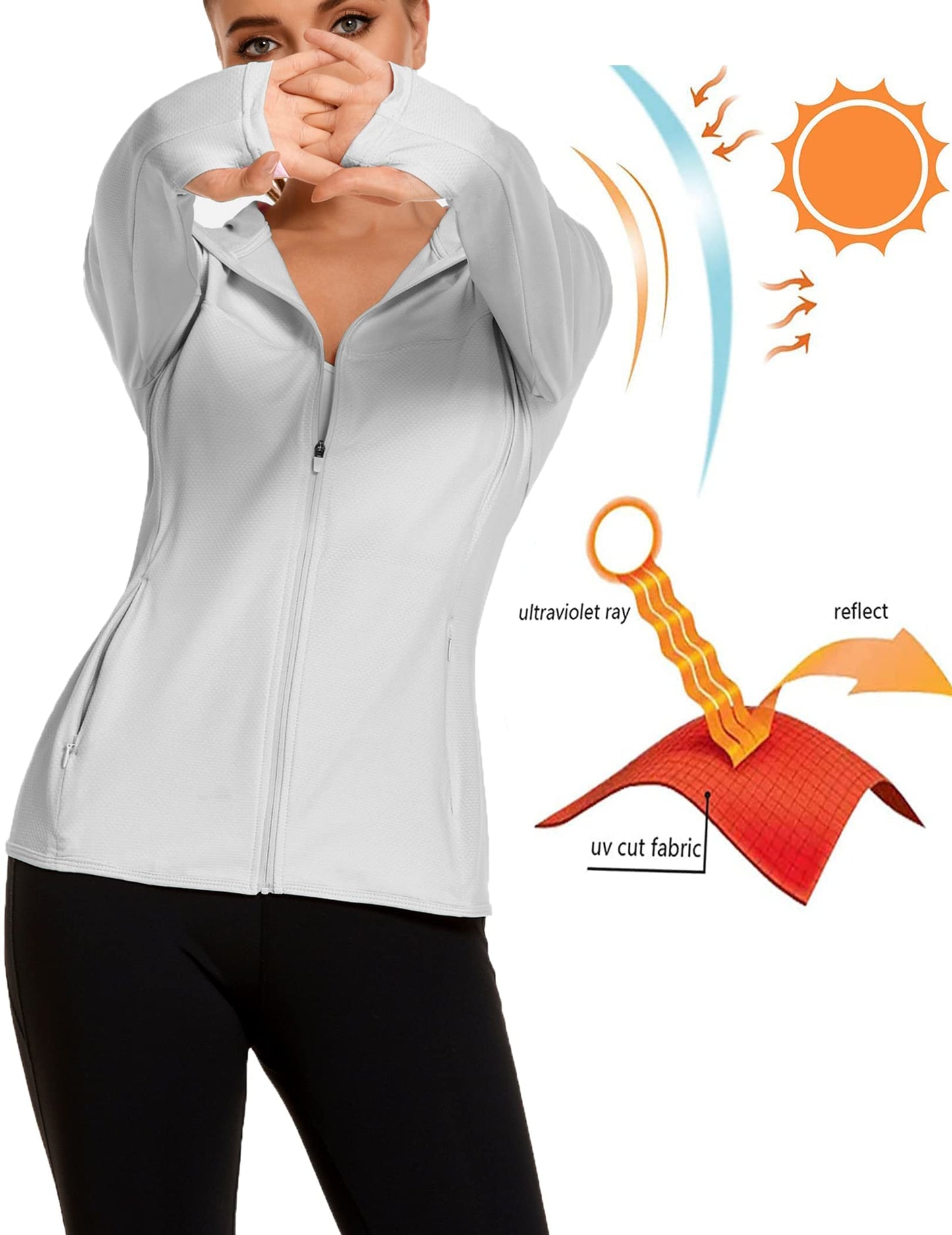 COOrun Women's UPF 50+ Sun Protection Hoodie Jacket Lightweight Full Zip Running Jacket Athletic Jacket with Thumb Holes