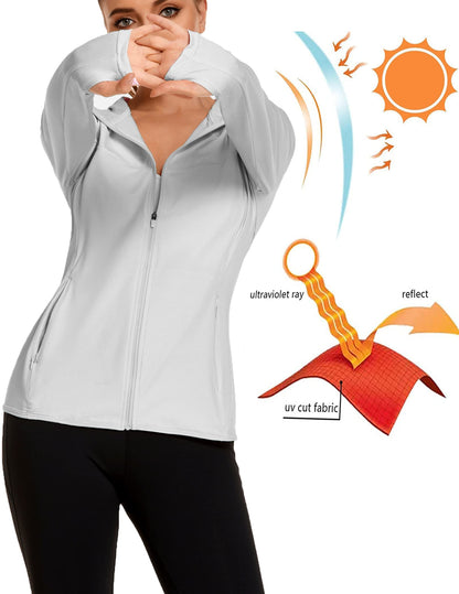 COOrun Women's UPF 50+ Sun Protection Hoodie Jacket Lightweight Full Zip Running Jacket Athletic Jacket with Thumb Holes