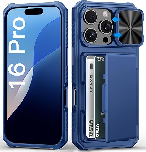 for iPhone 16 Pro Case with Card Holder (4-5 Cards), Slide Camera Cover, Military Grade Protection, Shockproof Heavy Duty Rugged Silicone Men Women Wallet Phone Case for iPhone 16 Pro, Blue
