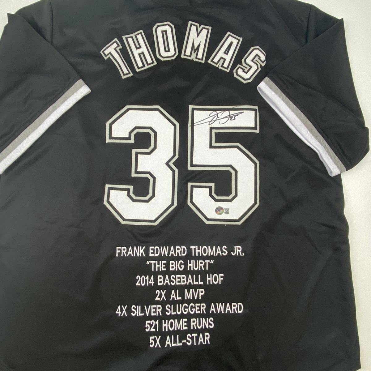 Autographed/Signed Frank Thomas Chicago Black Stat Baseball Jersey Beckett BAS COA