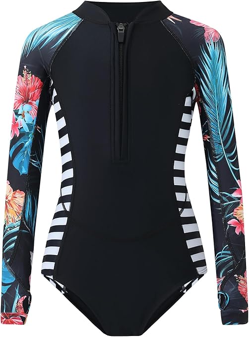 Girls Long Sleeve One-Piece Swimsuit: Rashguard UV Protection Swimwear Bathing Suit