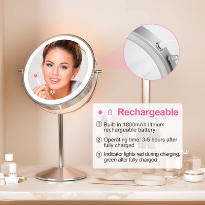 LOVESPEJO Lighted Makeup Mirror with Magnification, 8" 10X, Rechargeable Chrome