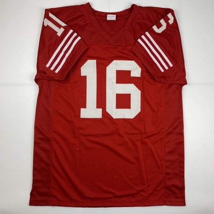 Autographed/Signed Joe Montana & Dwight Clark The Catch San Francisco Red Football Jersey PSA/DNA & Beckett BAS COA